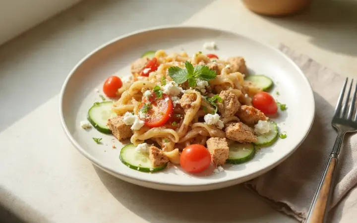 Generated illustration of mediterranean tuna pasta salad, not a photograph of the dish