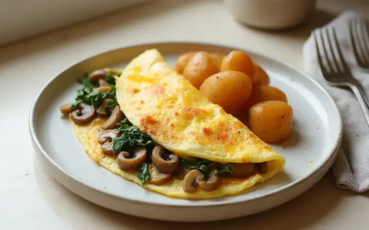 Generated illustration of mushroom and spinach omelette with potatoes, not a photograph of the dish