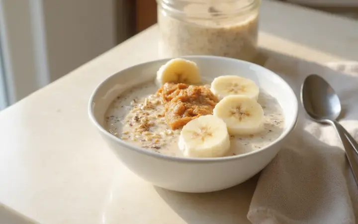 Generated illustration of overnight oats with banana and peanut butter, not a photograph of the dish