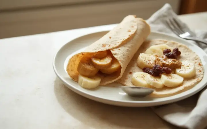 Generated illustration of peanut butter and banana wrap, not a photograph of the dish