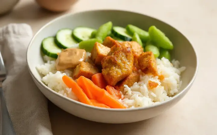 Generated illustration of peanut tofu rice bowl, not a photograph of the dish