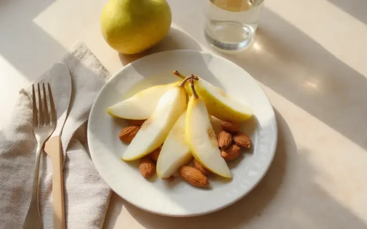 Generated illustration of pear and almonds, not a photograph of the dish