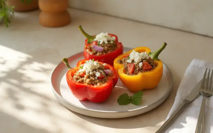 Generated illustration of peppers stuffed with quinoa and feta, not a photograph of the dish