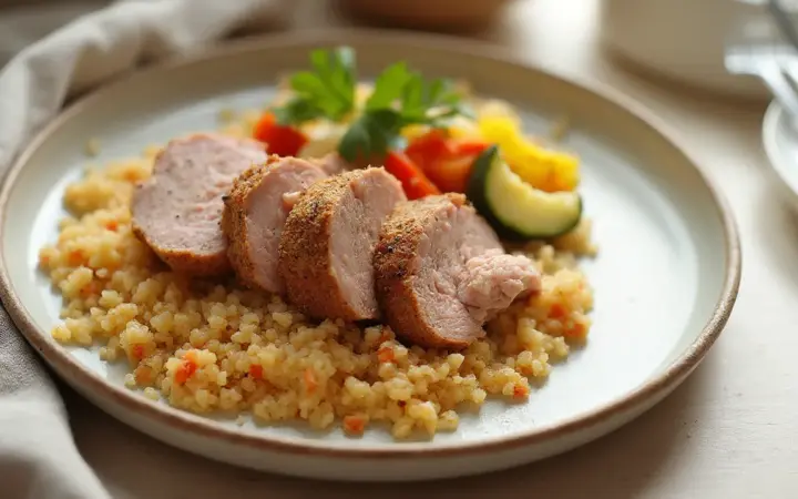 Generated illustration of pork tenderloin with roast vegetables and couscous, not a photograph of the dish
