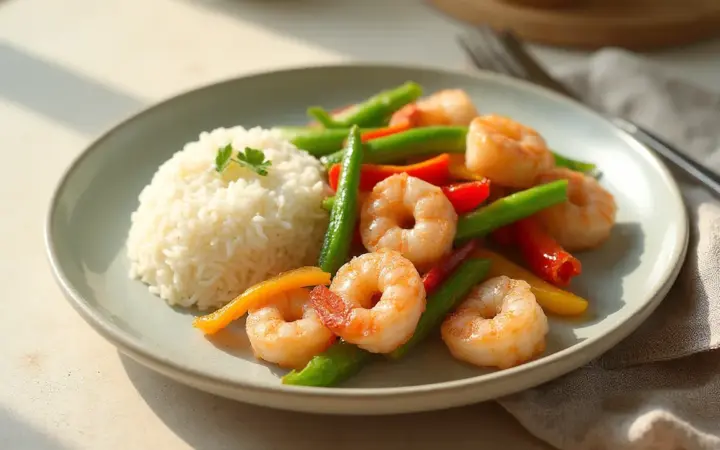 Generated illustration of prawn and green bean stir-fry with rice, not a photograph of the dish