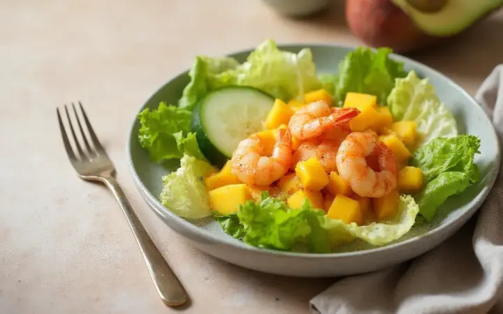 Generated illustration of prawn, mango and avocado salad, not a photograph of the dish