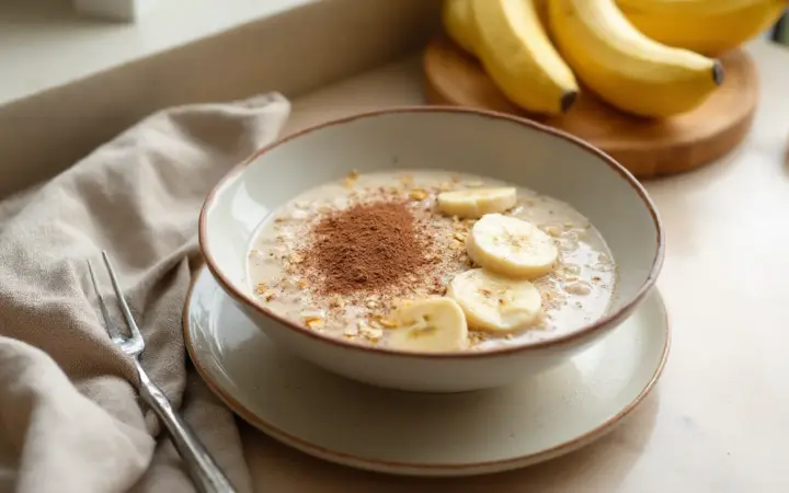 Generated illustration of protein porridge with banana and cocoa, not a photograph of the dish