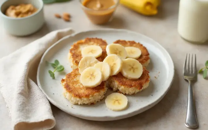 Generated illustration of rice cakes with almond butter and banana, not a photograph of the dish
