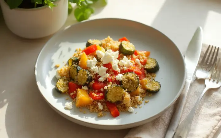 Generated illustration of roast vegetable and feta quinoa, not a photograph of the dish