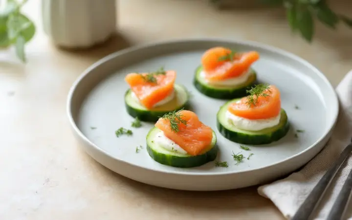 Generated illustration of salmon and cucumber bites, not a photograph of the dish