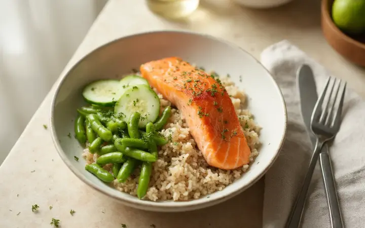 Generated illustration of salmon and edamame rice bowl, not a photograph of the dish