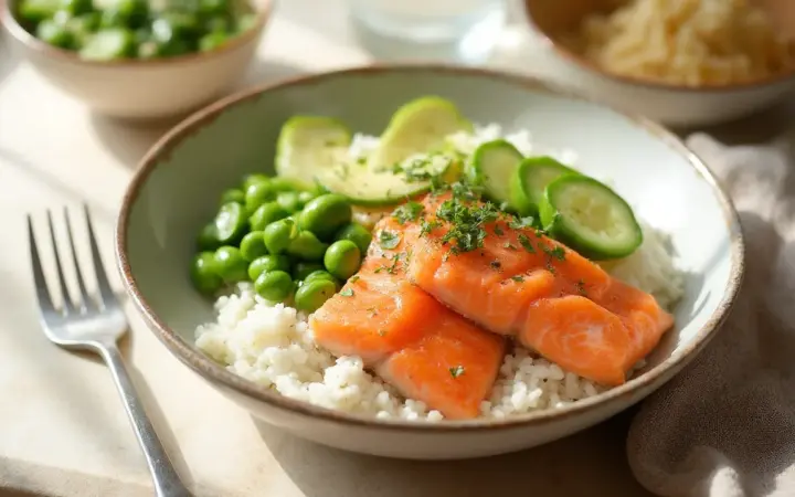 Generated illustration of salmon poke-style bowl, not a photograph of the dish