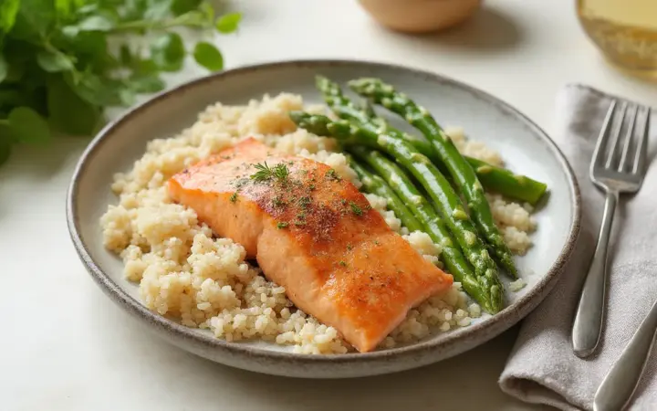 Generated illustration of salmon with quinoa and asparagus, not a photograph of the dish