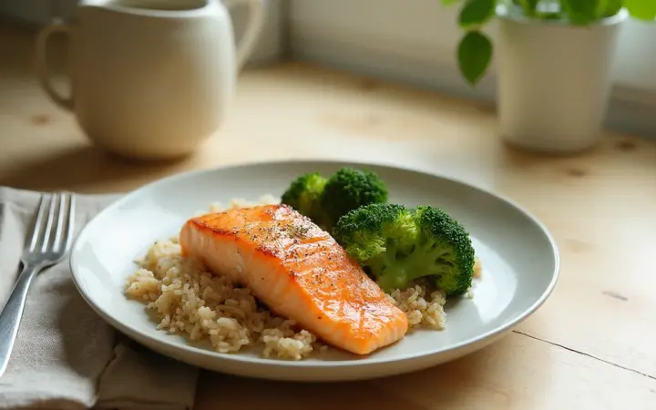 Generated illustration of salmon with rice and soy greens, not a photograph of the dish
