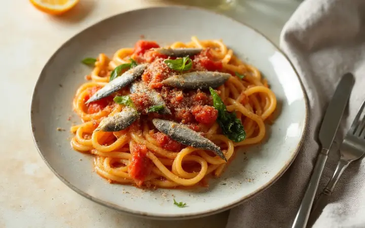 Generated illustration of sardine and tomato pasta, not a photograph of the dish