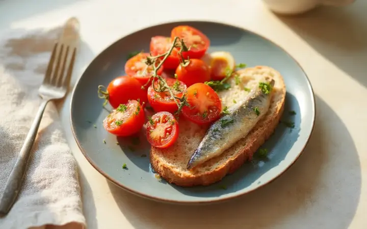 Generated illustration of sardines on toast with tomato, not a photograph of the dish