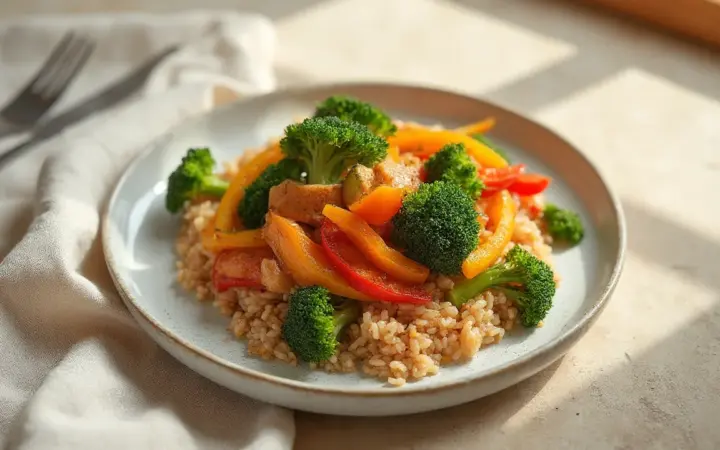 Generated illustration of seitan and vegetable stir-fry with rice, not a photograph of the dish