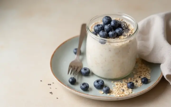 Generated illustration of soy protein overnight oats with blueberries, not a photograph of the dish