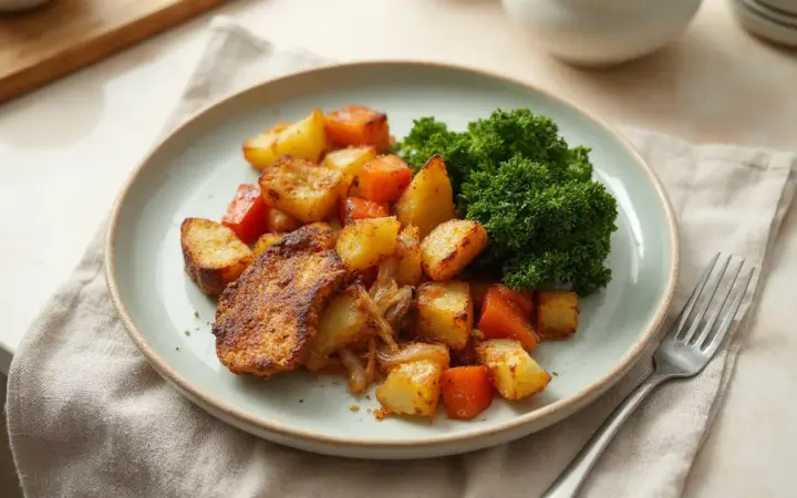Generated illustration of tempeh and potato breakfast hash, not a photograph of the dish