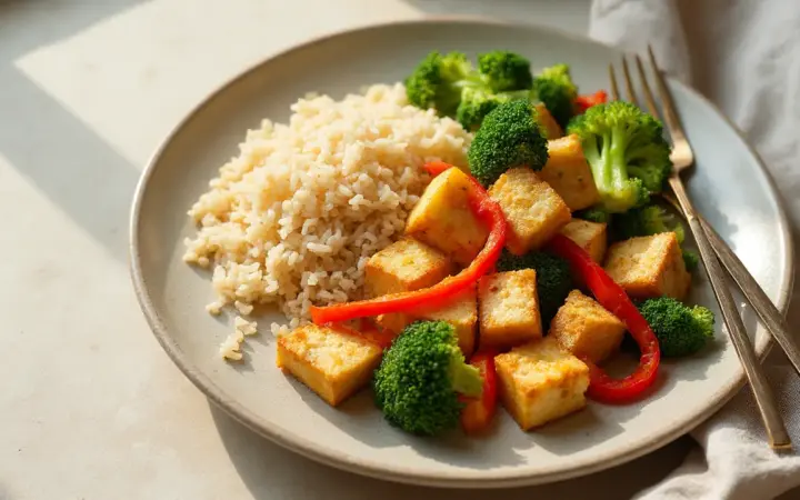 Generated illustration of tofu and broccoli stir-fry with brown rice, not a photograph of the dish