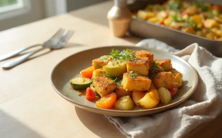 Generated illustration of tofu and potato tray bake, not a photograph of the dish