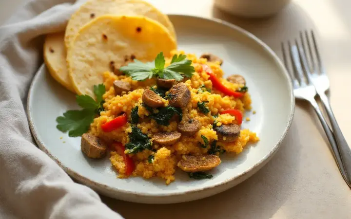 Generated illustration of tofu scramble with peppers and corn tortillas, not a photograph of the dish