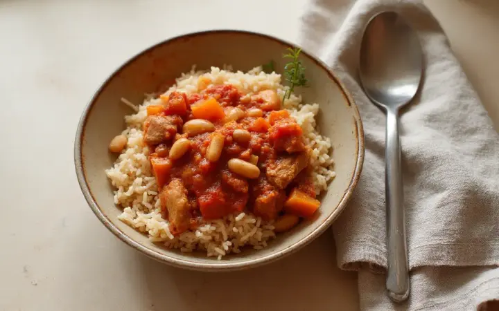 Generated illustration of turkey and bean chilli with rice, not a photograph of the dish