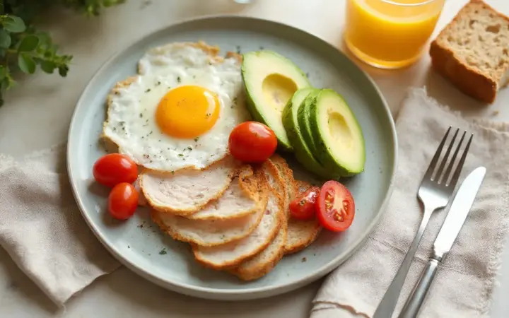 Generated illustration of turkey, egg and avocado breakfast plate, not a photograph of the dish