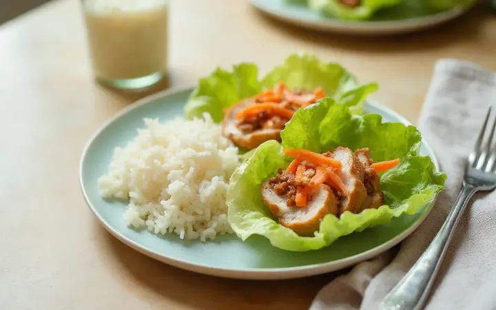 Generated illustration of turkey lettuce cups with rice, not a photograph of the dish