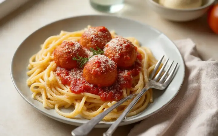 Generated illustration of turkey meatballs in tomato sauce with pasta, not a photograph of the dish