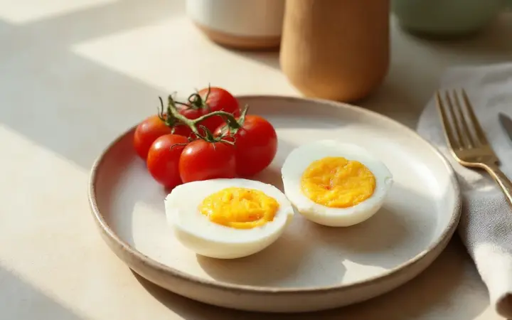 Generated illustration of two boiled eggs with cherry tomatoes, not a photograph of the dish