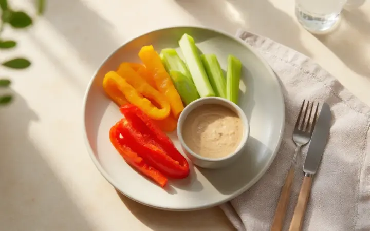 Generated illustration of veg sticks with tahini dip, not a photograph of the dish